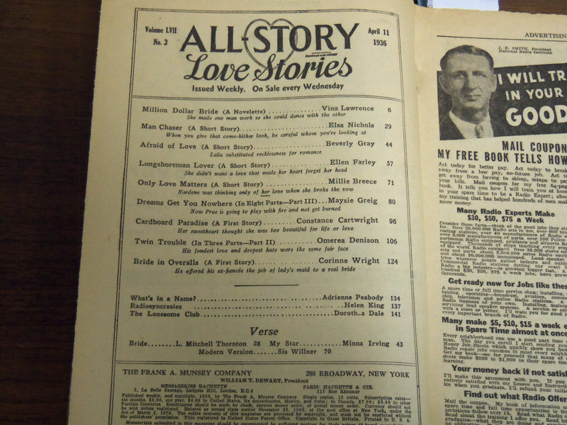 1936 APRIL 11 ALL-STORY LOVE STORIES MAGAZINE - MILLION DOLLAR BRIDE - K 1124
