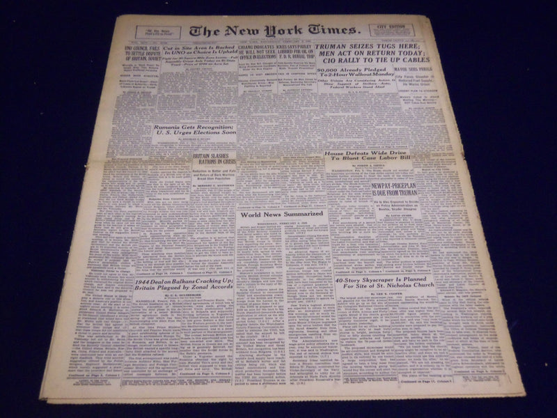1946 FEBRUARY 6 NEW YORK TIMES - TRUMAN SEIZES TUGS HERE - NT 2311