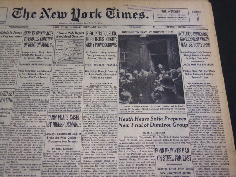 1950 FEBRUARY 26 NEW YORK TIMES - ATTLEE CARRIES ON, GOVERNMENT CRISIS - NT 4740