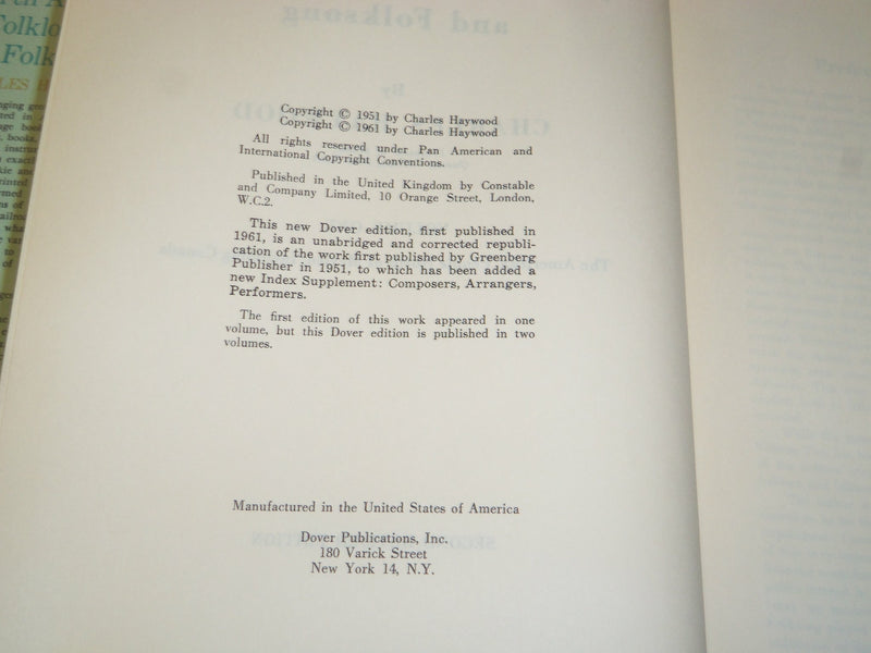 1961 A BIBLIOGRAPHY NORTH AMERICAN FOLKLORE & FOLKSONG SET OF 2 BOOKS- KD 5609