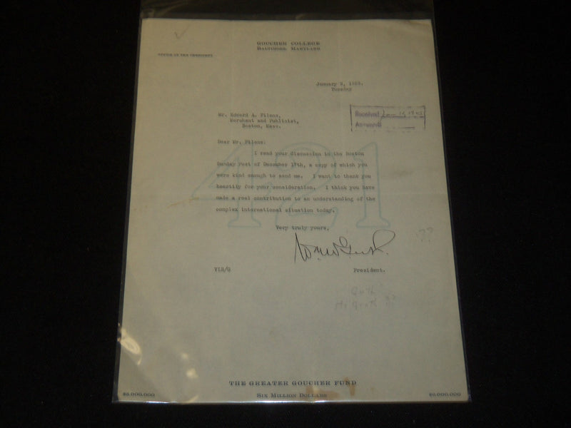 1923 WILLIAM GUTH GOUCHER COLLEGE TYPED SIGNED LETTER - EDWARD FILENE - J 5358
