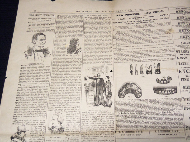 1891 APRIL 15 MORNING TELEGRAPH NEWSPAPER - LINCOLN'S DEATH 26TH ANNIV- NP 2152C