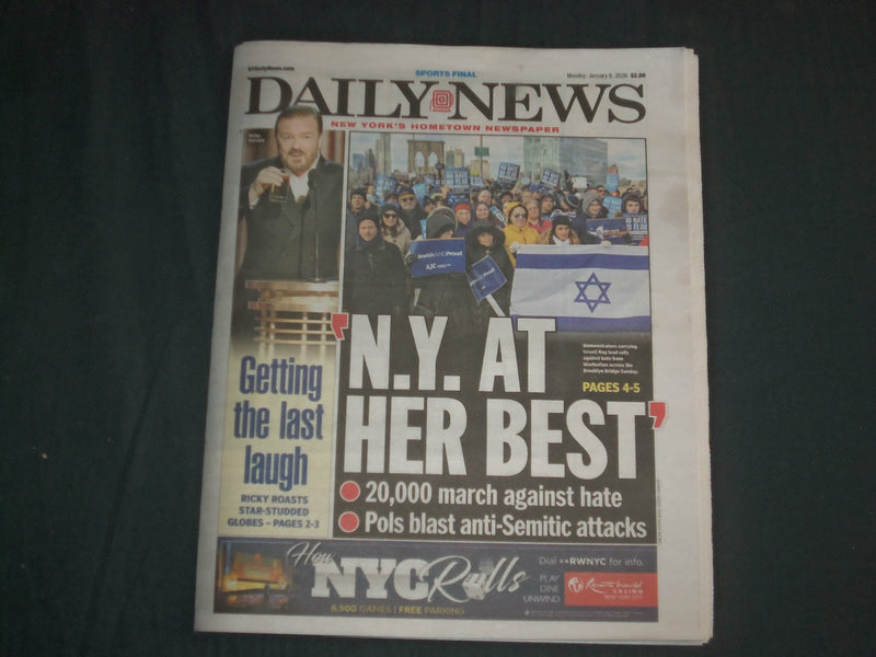 2020 JANUARY 6 NEW YORK DAILY NEWS NEWSPAPER - NYC MARCH AGAINSTA ANTI-SEMITISM