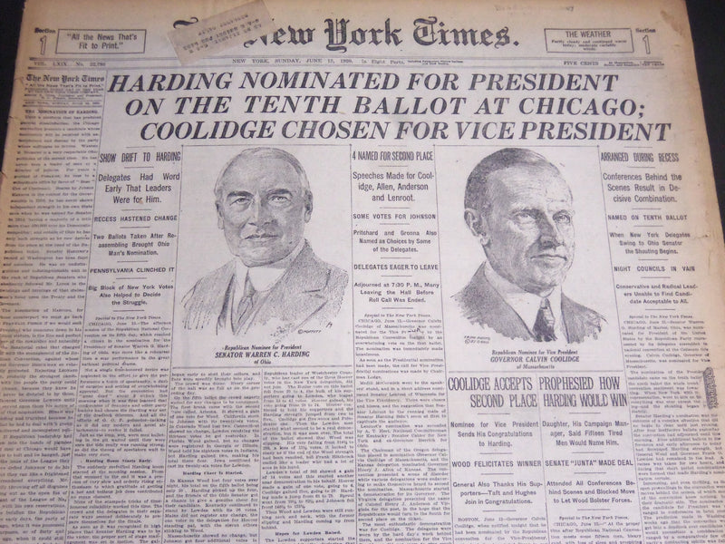 1920 JUNE 13 NEW YORK TIMES - HARDING NOMINATED FOR PRESIDENT COOLIDGE - NT 6941