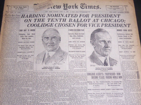 1920 JUNE 13 NEW YORK TIMES - HARDING NOMINATED FOR PRESIDENT COOLIDGE - NT 6941