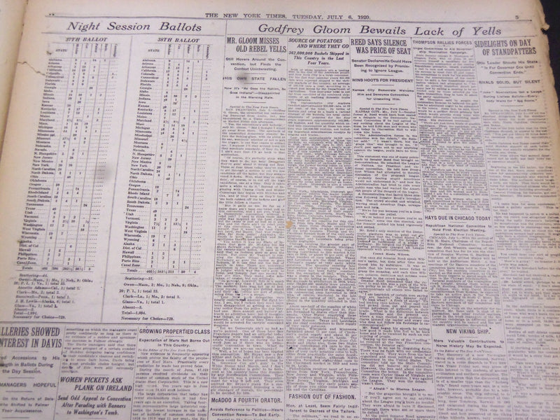 1920 JULY 6 NEW YORK TIMES - MCADOO 405 1/2, COX 383 1/2 PALMER 211 - NT 5326