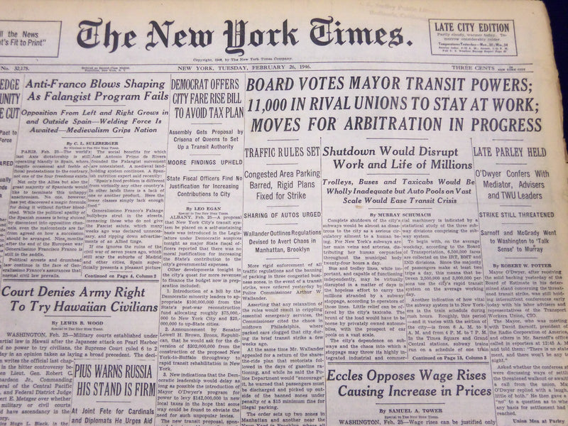 1946 FEB 26 NEW YORK TIMES NEWSPAPER - BOARD VOTES MAYOR TRANSIT POWERS - NT 49