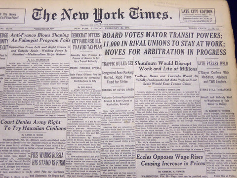 1946 FEB 26 NEW YORK TIMES NEWSPAPER - BOARD VOTES MAYOR TRANSIT POWERS - NT 49