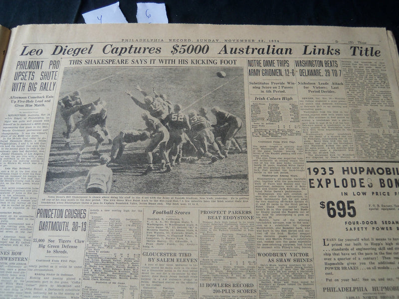 1934 NOV 25 PHILADELPHIA RECORD NEWSPAPER SPORTS SECTION - NOTRE DAME- NT 7251
