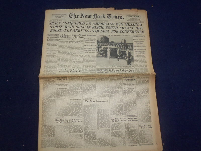 1943 AUG 18 NEW YORK TIMES - SICILY CONQUERED AS AMERICANS WIN MESSINA - NP 6551