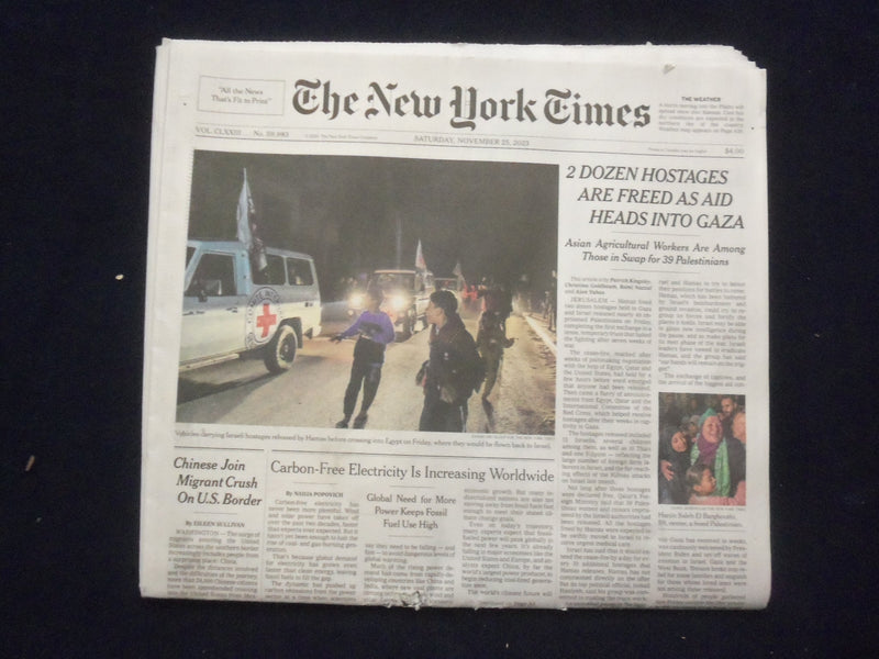 2023 NOVEMBER 25 NEW YORK TIMES - 2 DOZEN HOSTAGES FREED AS AID HEADS INTO GAZA