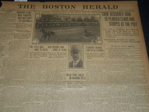 1909 SEPT 4 THE BOSTON HERALD - COOK PLANTED STARS AND STRIPE AT POLE - BH 207