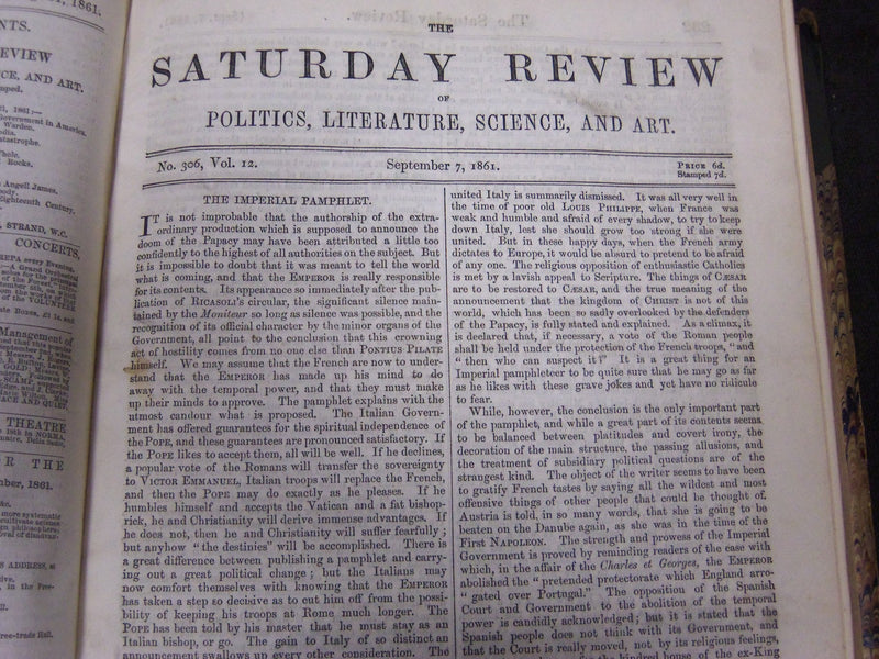 1861 SATURDAY REVIEW 2 BOUND VOLUMES - COMPLETE YR- PUBLISHED IN LONDON - R 1080