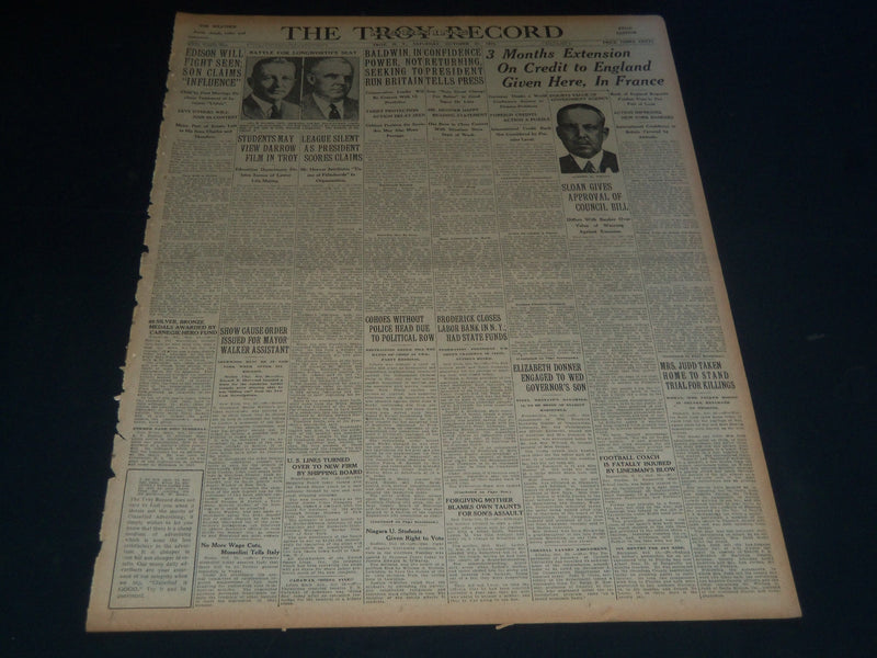 1931 OCT 31 TROY MORNING RECORD NEWSPAPER - EDISON WILL - FIGHT SOON - NT 7490