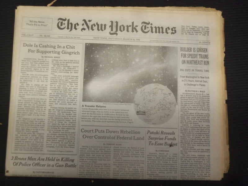 1996 MAR 16 NEW YORK TIMES NEWSPAPER - SPEEDY TRAINS ON NORTHEAST RUN - NP 7033