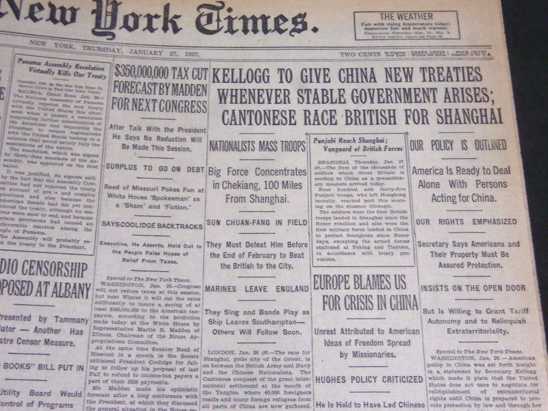 1927 JANUARY 27 NEW YORK TIMES - KELLOGG TO GIVE CHINA NEW TREATIES - NT 7038