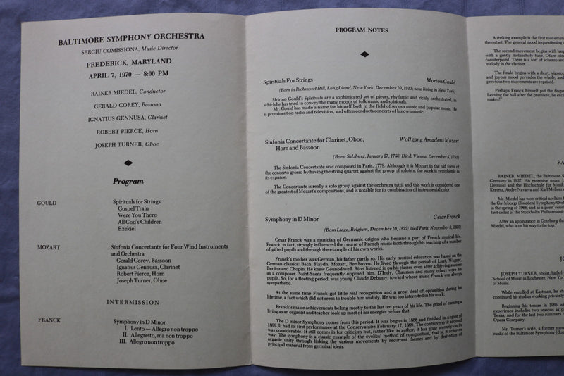 1970-1974 FREDERICK COUNTY SYMPHONY SOCIETY PROGRAM-BALTIMORE- LOT OF 8 - K 3120