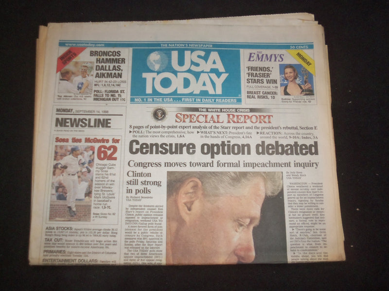 1998 SEPTEMBER 14 USA TODAY NEWSPAPER - CLINTON CENSURE OPTION DEBATED - NP 7953