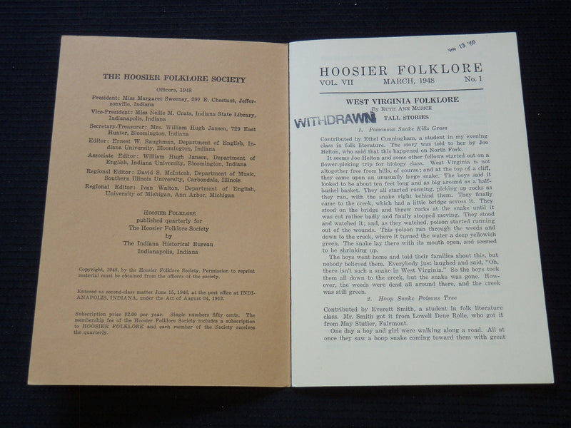 1946-1948 HOOSIER FOLKLORE MAGAZINE LOT OF 2 ISSUES - INDIANA - J 7245