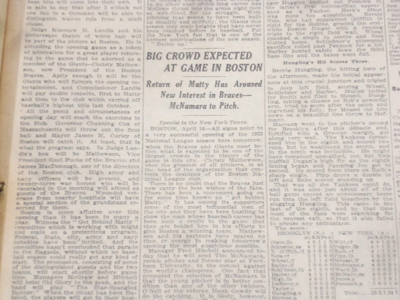 1923 APRIL 17 NEW YORK TIMES - SHAWKEY TO PITCH FIRST BALL IN STADIUM - NT 8359