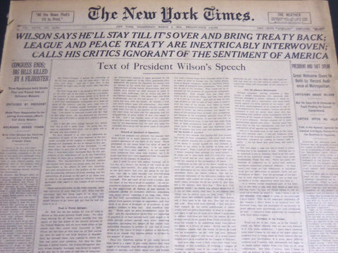 1919 MARCH 5 NEW YORK TIMES - WILSON SAYS HE'LL BRING TREATY BACK - NT 6652