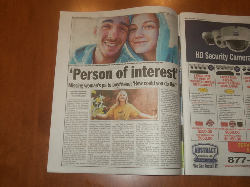 2021 SEPTEMBER 16 NEW YORK DAILY NEWS NEWSPAPER - BRIAN LAUNDRIE GABBY PETITO