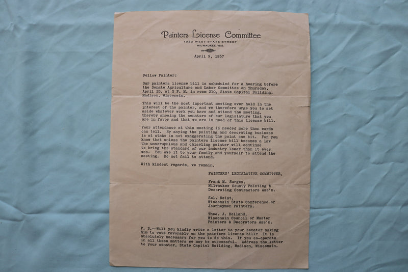 1937 APRIL 9 PAINTERS LICENSE COMMITTEE LETTER - MILWAUKEE, WISCONSIN - K 2493