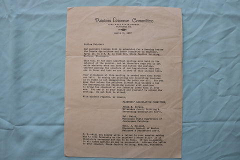 1937 APRIL 9 PAINTERS LICENSE COMMITTEE LETTER - MILWAUKEE, WISCONSIN - K 2493