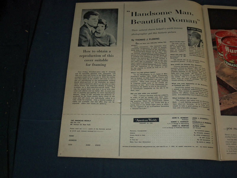 1961 JANUARY 15 THE AMERICAN WEEKLY NEWSPAPER - JOHN & JACKIE KENNEDY - NP 3535