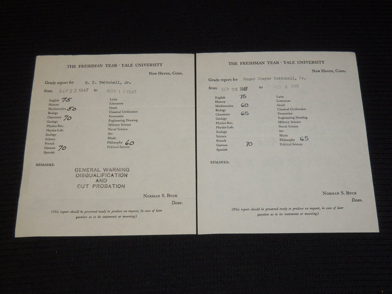 194-1948 YALE UNIVERSITY STUDENT GRADE REPORTS & LETTER - 4 REPORTS - K 572