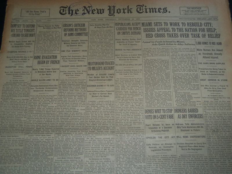 1926 SEPTEMBER 23 NEW YORK TIMES NEWSPAPER - DEMPSEY TO DEFEND TITLE - NT 7573