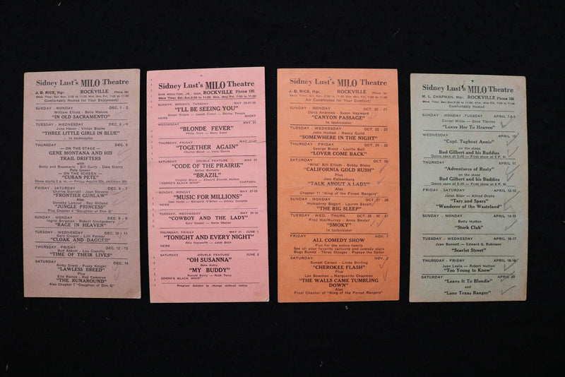 1940'S SIDNEY LUST'S MILO THEATRE PROGRAM CARDS - LOT OF 4 - ROCKVILLE - K 2819