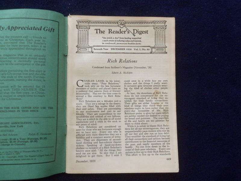 1928 DECEMBER THE READER'S DIGEST SOFTCOVER BOOK - NUMBER 80 - J 8441