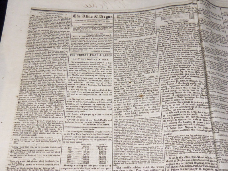 18856 NOVEMBER 15 THE ATLAS & ARGUS NEWSPAPER - BUCHANAN ELECTED - NP 3877A