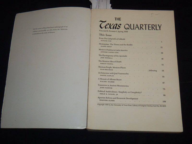 1959 SPRING THE TEXAS QUARTERLY MAGAZINE - OCTAVIO PAZ - KD 2057M