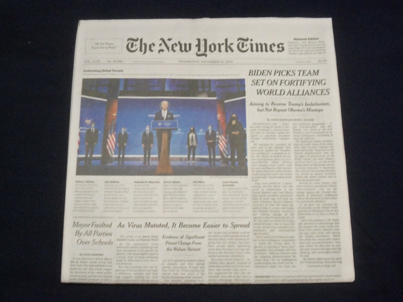 2020 NOV 25 NEW YORK TIMES - BIDEN PICKS TEAM SET ON FORTIFYING WORLD ALLIANCES
