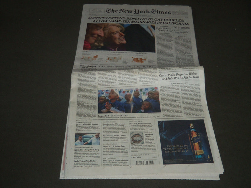 2013 JUNE 27 NEW YORK TIMES - JUSTICES EXTEND BENEFITS TO GAY COUPLES - NP 2556