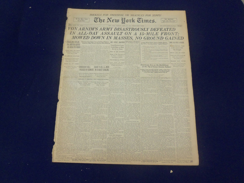 1918 APRIL 30 NEW YORK TIMES - VON ARNIM'S ARMY DISASTROUSLY DEFEATED - NT 8212