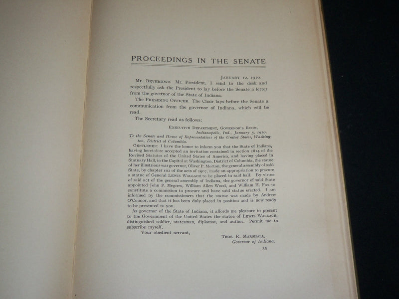 1910 GENERAL LEW WALLACE STATUE UNVEILING PROCEEDINGS - HARDCOVER - KD 6642