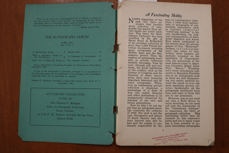 1933 JUNE AUTOGRAPH ALBUM MAGAZINE FOR COLLECTORS- F.D.R. -VOL. 1, N0. 1- K 3186