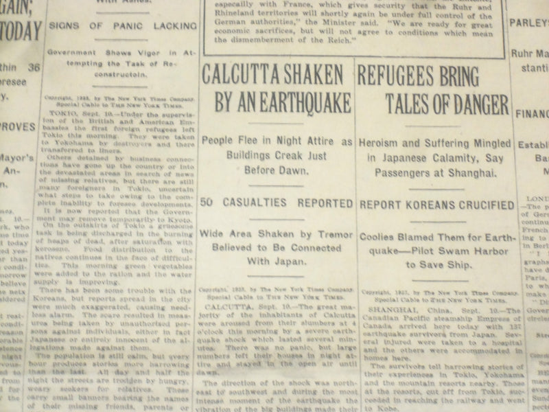 1923 SEP 11 NEW YORK TIMES - CALCUTTA SHAKEN BY EARTHQUAKE - NT 9355