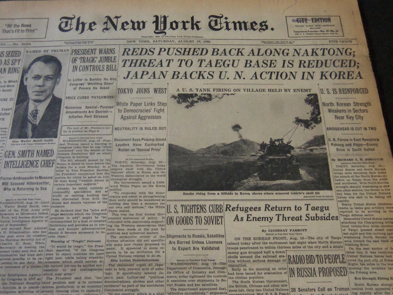 1950 AUGUST 19 NEW YORK TIMES - REDS PUSHED BACK ALONG NAKTONG - NT 5847