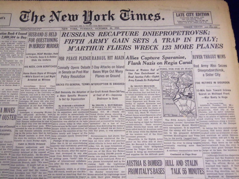1943 OCTOBER 26 NEW YORK TIMES - RUSSIANS RECAPTURE DNIEPROPETROVSK - NT 1059