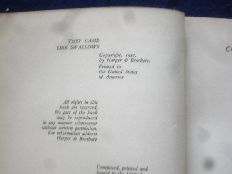 1937 THEY CAME LIKE SWALLOWS HARDCOVER BOOK BY WILLIAM MAXWELL - KD 8239