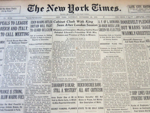1936 NOV 28 NEW YORK TIMES - CABINET CLASH KING AFTER LONDON SESSION - NT 6706