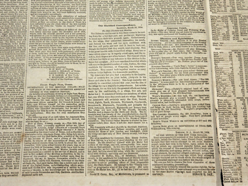 1854 MARCH 31 NEW YORK HERALD NEWSPAPER - CUTTING BRECKENRIDGE - NP 4893