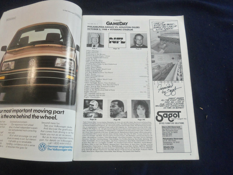 1988 OCTOBER 2 GAMEDAY MAGAZINE- PHILADELPHIA EAGLES VS HOUSTON OILERS - F 250L