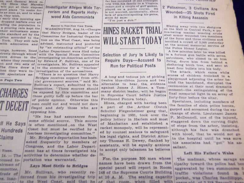 1938 AUGUST 15 NEW YORK TIMES - HINES RACKET TRIAL WILL START TODAY - NT 616