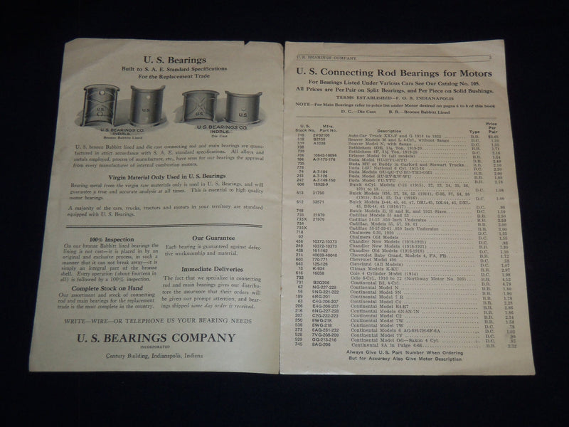 1923 U. S. MOTOR BEARING PRICE LIST NO. 110 - CONNECTING ROD & MAIN - J 9022