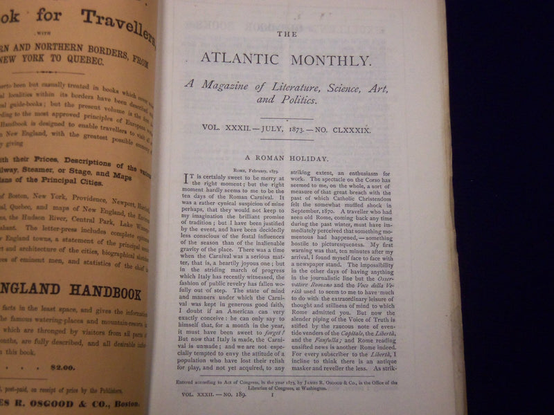 1873 THE ATLANTIC MONTHLY MAGAZINE LOT OF 12 COMPLETE YEAR - WHITTER - WR 307